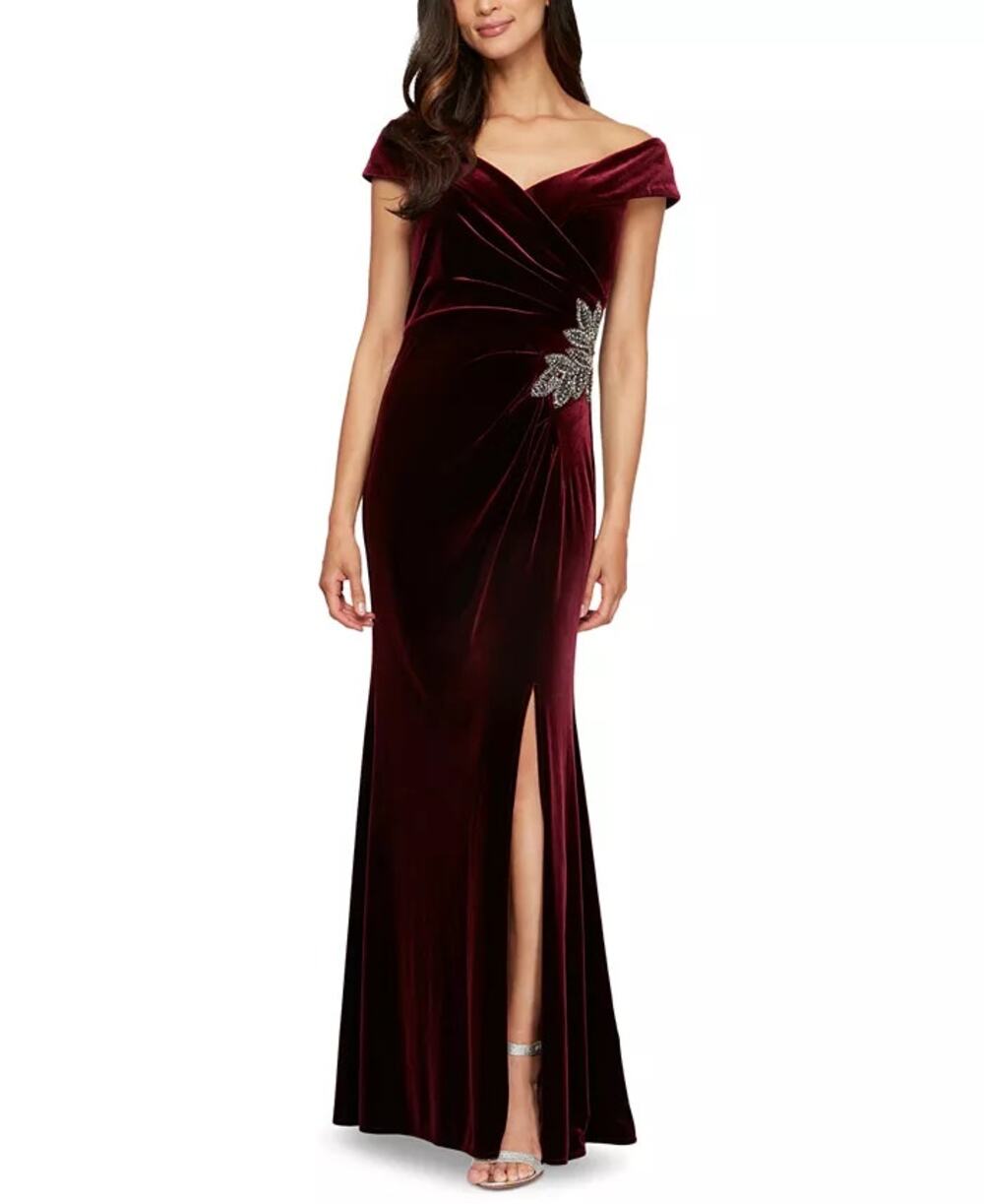 Alex Evenings Petite Velvet Off-The-Shoulder Evening Gown Wine P10
